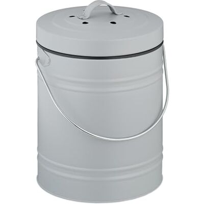 Relaxdays Kitchen Compost Bin, 5 Litres, Iron, Odour Filter, with Lid & Handle, Organic Food Waste Caddy, Round, Grey Relaxdays Kitchen Compost Bin, 5 Litres, Iron, Odour Filter, with Lid & Handle, Organic Food Waste Caddy, Round, Grey