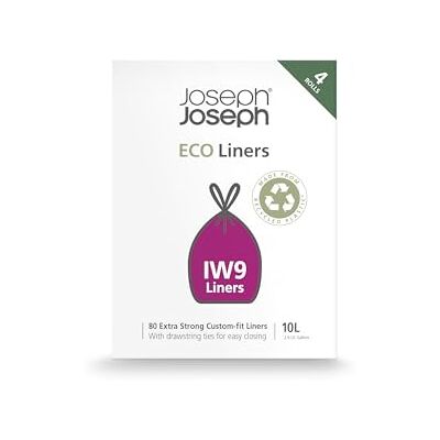 Joseph Joseph Eco IW9 Recycled Bin Liners, Kitchen/Bathroom Waste Bags, Tie Tape Drawstring, Extra Strong, 80-Pack, 10L, Grey Joseph Joseph Eco IW9 Recycled Bin Liners, Kitchen/Bathroom Waste Bags, Tie Tape Drawstring, Extra Strong, 80-Pack, 10L, Grey
