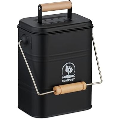 Relaxdays Kitchen Compost Bin, 3.5 Litres, Iron & Wood, 2 Charcoal Odour Filters, Lid & Handle, Food Waste Caddy, Black Relaxdays Kitchen Compost Bin, 3.5 Litres, Iron & Wood, 2 Charcoal Odour Filters, Lid & Handle, Food Waste Caddy, Black
