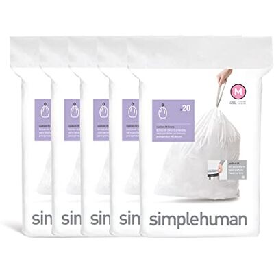simplehuman Code M 100 Liners, 50% Recycled Custom Fit Bin Bags in Dispenser Packs with Durable Drawstring Tie Handle, 45L, White simplehuman Code M 100 Liners, 50% Recycled Custom Fit Bin Bags in Dispenser Packs with Durable Drawstring Tie Handle, 45L, White