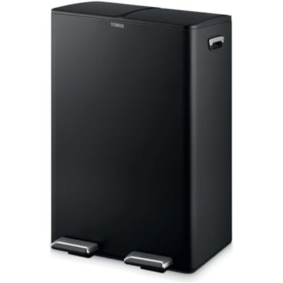 Tower Recycling Pedal Bin, Two 30L Compartments with Removable Inner Buckets, Carbon Steel Body, 60L, Black Tower Recycling Pedal Bin, Two 30L Compartments with Removable Inner Buckets, Carbon Steel Body, 60L, Black