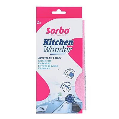 Sorbo Kitchen Wonder, 2 Pack, Kitchen Cloth, Streakless Result, Dishwasher Safe, Household Essential, Pink/Grey, Each cloth measures 32 x 38 cm Sorbo Kitchen Wonder, 2 Pack, Kitchen Cloth, Streakless Result, Dishwasher Safe, Household Essential, Pink/Grey, Each cloth measures 32 x 38 cm