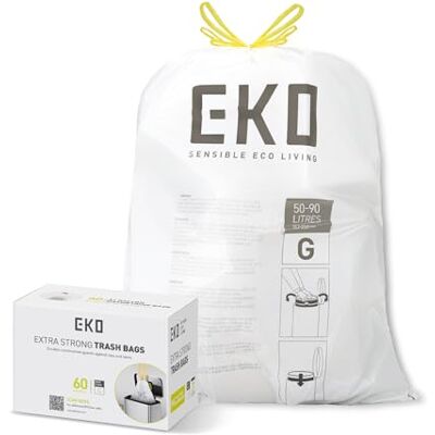 EKO Drawstring Bin Bags, Kitchen Bin Liners, 50-90 Litre, 60 Count, Code G EKO Drawstring Bin Bags, Kitchen Bin Liners, 50-90 Litre, 60 Count, Code G