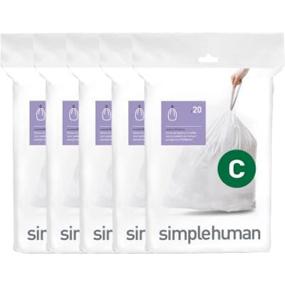 simplehuman Code C 100 Liners, 50% Recycled Custom Fit Bin Bags in Dispenser Packs, Durable Drawstring Tie Handle, 10-12L, White simplehuman Code C 100 Liners, 50% Recycled Custom Fit Bin Bags in Dispenser Packs, Durable Drawstring Tie Handle, 10-12L, White