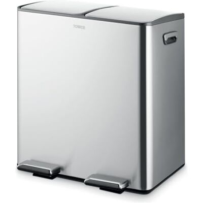 Tower Recycling Pedal Bin, Two 20L Compartments with Removable Inner Buckets, Carbon Steel Body, 40L, Stainless Steel Tower Recycling Pedal Bin, Two 20L Compartments with Removable Inner Buckets, Carbon Steel Body, 40L, Stainless Steel