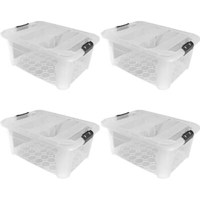 JVL Plastic Secure Clip Lidded Storage Box, Stackable & Nestable, Clear, Set of 4, 40L JVL Plastic Secure Clip Lidded Storage Box, Stackable & Nestable, Clear, Set of 4, 40L