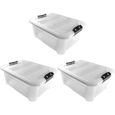JVL Plastic Secure Clip Lidded Storage Box, Stackable & Nestable, Clear, Set of 3, 25L JVL Plastic Secure Clip Lidded Storage Box, Stackable & Nestable, Clear, Set of 3, 25L