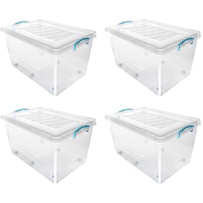 JVL Plastic Clip Lidded Storage Box with Wheels, Stackable and Nestable, Clear, Set of 4, 50L JVL Plastic Clip Lidded Storage Box with Wheels, Stackable and Nestable, Clear, Set of 4, 50L