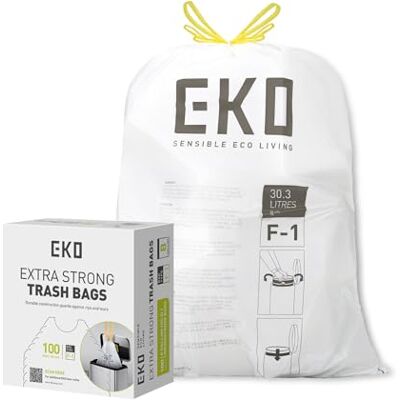 EKO 18-30 Litre Drawstring Bin Bags, Heavy Duty Kitchen Bin Liners for Multi Compartment Bins, Leakproof and Tear-Resistant for Waste & Recycling, Unscented Food Waste Bags, 100 Count, Code F-1, White EKO 18-30 Litre Drawstring Bin Bags, Heavy Duty Kitchen Bin Liners for Multi Compartment Bins, Leakproof and Tear-Resistant for Waste & Recycling, Unscented Food Waste Bags, 100 Count, Code F-1, White