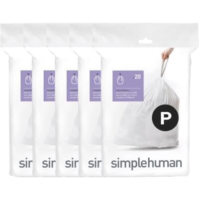 simplehuman Code P 100 Liners, 50% Recycled Custom Fit Bin Bags in Dispenser Packs with Durable Drawstring Tie Handle, 50-60L, White simplehuman Code P 100 Liners, 50% Recycled Custom Fit Bin Bags in Dispenser Packs with Durable Drawstring Tie Handle, 50-60L, White
