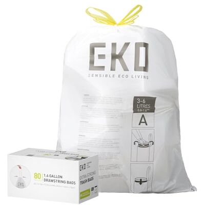 EKO Drawstring Bin Bags, Kitchen Bin Liners, 3-6 Litre, 80 Count, Code A EKO Drawstring Bin Bags, Kitchen Bin Liners, 3-6 Litre, 80 Count, Code A
