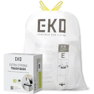 EKO Drawstring Bin Bags, Kitchen Bin Liners, 25-35 Litre, 80 Count, Code E EKO Drawstring Bin Bags, Kitchen Bin Liners, 25-35 Litre, 80 Count, Code E