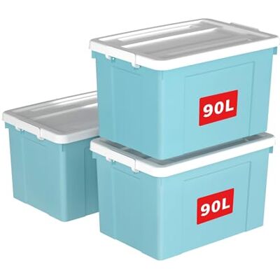 Cetomo 90L*3 Storage Boxes, Plastic Storage Box with Lids, Organizing Container with Secure Latching Buckles, Stackable, Nestable, Tote Bin for Home Office Clothes, 90L-3Pack, Blue Cetomo 90L*3 Storage Boxes, Plastic Storage Box with Lids, Organizing Container with Secure Latching Buckles, Stackable, Nestable, Tote Bin for Home Office Clothes, 90L-3Pack, Blue