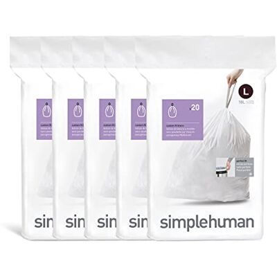 simplehuman Code L 100 Liners, 50% Recycled Custom Fit Bin Bags in Dispenser Packs, Durable Drawstring Tie Handle, 18L, White simplehuman Code L 100 Liners, 50% Recycled Custom Fit Bin Bags in Dispenser Packs, Durable Drawstring Tie Handle, 18L, White