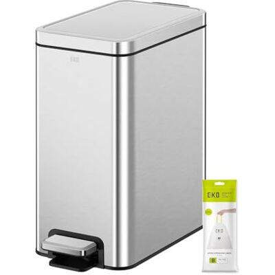 EKO 10-Litre Stella Slim Step Bin, Fingerprint-Resistant Stainless Steel Pedal Rubbish Bin with Removable Inner Liner (Silver) EKO 10-Litre Stella Slim Step Bin, Fingerprint-Resistant Stainless Steel Pedal Rubbish Bin with Removable Inner Liner (Silver)