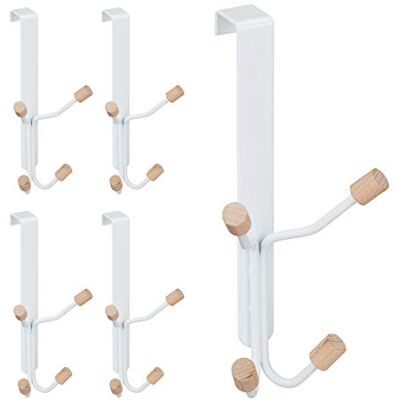 Relaxdays Set of 5 Door Fourfold Hooks, Scandinavian, Iron & Wood, Hanging Coat Rack HxWxD: 19 x 9 x 8 cm, White/Natural Relaxdays Set of 5 Door Fourfold Hooks, Scandinavian, Iron & Wood, Hanging Coat Rack HxWxD: 19 x 9 x 8 cm, White/Natural