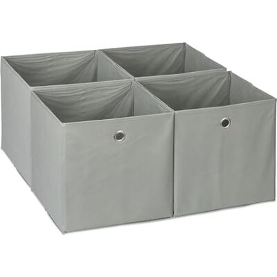 Relaxdays Storage Box Set of 4, Foldable Shelf Baskets, HBD: 30x30x30 cm, Handle Holes, Foldable Organiser Bins, Grey Relaxdays Storage Box Set of 4, Foldable Shelf Baskets, HBD: 30x30x30 cm, Handle Holes, Foldable Organiser Bins, Grey