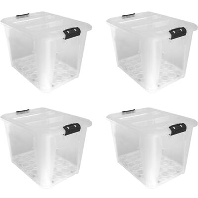 JVL Plastic Secure Clip Lidded Storage Box with Wheels, Stackable & Nestable, Clear, Set of 4, 60L JVL Plastic Secure Clip Lidded Storage Box with Wheels, Stackable & Nestable, Clear, Set of 4, 60L