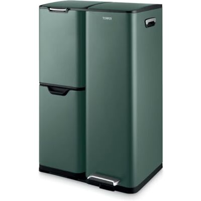 Tower Recycling Pedal Bin, Three Individual Compartments with Removable Inner Buckets, Carbon Steel Body, 60L, Forest Green, T838024FOR Tower Recycling Pedal Bin, Three Individual Compartments with Removable Inner Buckets, Carbon Steel Body, 60L, Forest Green, T838024FOR