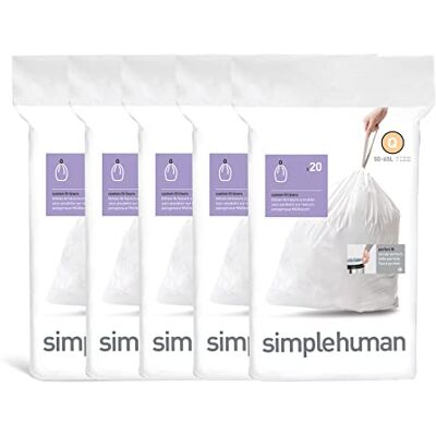 simplehuman Code Q 100 Liners, 50% Recycled Custom Fit Bin Bags in Dispenser Packs, Durable Drawstring Tie Handle, 50-65L, White simplehuman Code Q 100 Liners, 50% Recycled Custom Fit Bin Bags in Dispenser Packs, Durable Drawstring Tie Handle, 50-65L, White