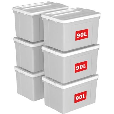 Cetomo 90L*6 Storage Boxes, Plastic Storage Box with Lids, Organizing Container with Secure Latching Buckles, Stackable, Nestable, Tote Bin for Home Office Clothes, 90L-6Pack, Gray Cetomo 90L*6 Storage Boxes, Plastic Storage Box with Lids, Organizing Container with Secure Latching Buckles, Stackable, Nestable, Tote Bin for Home Office Clothes, 90L-6Pack, Gray