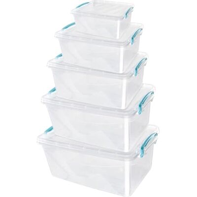 JVL Plastic Clip Lidded Food Storage Box, Stackable & Nestable, Set of 5, 1.6L, 3L, 5L, 8.5L, 13.5L JVL Plastic Clip Lidded Food Storage Box, Stackable & Nestable, Set of 5, 1.6L, 3L, 5L, 8.5L, 13.5L