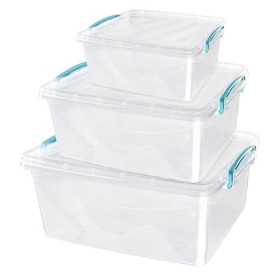 JVL Plastic Clip Lidded Food Storage Box, Stackable & Nestable, Set of 3, 1.6L, 3L, 5L JVL Plastic Clip Lidded Food Storage Box, Stackable & Nestable, Set of 3, 1.6L, 3L, 5L