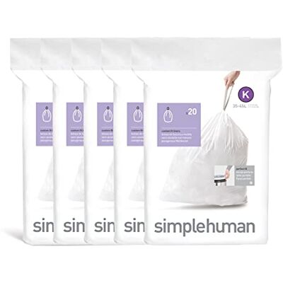 simplehuman Code K 100 Liners, 50% Recycled Custom Fit Bin Bags in Dispenser Packs with Durable Drawstring Tie Handle, 35-45L, White simplehuman Code K 100 Liners, 50% Recycled Custom Fit Bin Bags in Dispenser Packs with Durable Drawstring Tie Handle, 35-45L, White