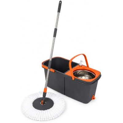 LEOFLA Double Bucket Rotary Mop with Stainless Steel, 2 Microfibre Cloths LEOFLA Double Bucket Rotary Mop with Stainless Steel, 2 Microfibre Cloths