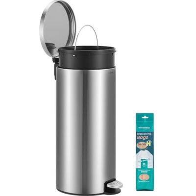 SONGMICS Kitchen Bin, Round Trash Bin with 15 Trash Bags, Metal Pedal, Removable Plastic Inner Bucket, Handle, Soft-Close Lid, Stainless Steel, 8 Gallons (30 L), Silver LTB031EZ02 SONGMICS Kitchen Bin, Round Trash Bin with 15 Trash Bags, Metal Pedal, Removable Plastic Inner Bucket, Handle, Soft-Close Lid, Stainless Steel, 8 Gallons (30 L), Silver LTB031EZ02
