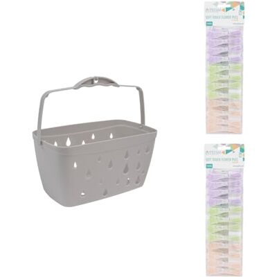 JVL Grey Peg Basket with 48 Soft Touch Flower Clothes Pegs – Laundry Peg Storage – Assorted Colours JVL Grey Peg Basket with 48 Soft Touch Flower Clothes Pegs – Laundry Peg Storage – Assorted Colours