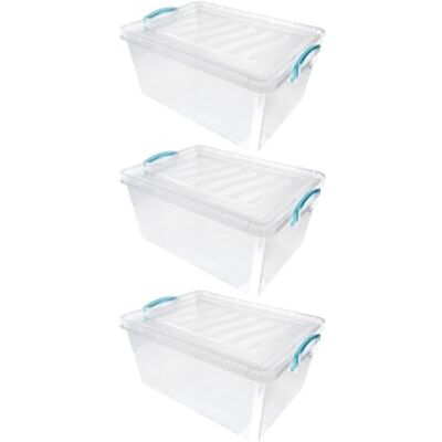 JVL Plastic Clip Lidded Storage Box, Stackable & Nestable, Clear, Set of 3, 25L JVL Plastic Clip Lidded Storage Box, Stackable & Nestable, Clear, Set of 3, 25L
