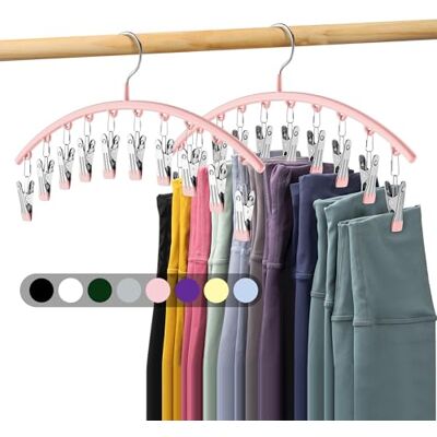 Volnamal Legging Organizer for Closet, Metal Yoga Pants Hangers 2 Pack w/10 Clips Holds 20 Leggings, Hangers Space Saving Hanging Closet Organizer w/Rubber Coated Closet Organizers and Storage, Pink Volnamal Legging Organizer for Closet, Metal Yoga Pants Hangers 2 Pack w/10 Clips Holds 20 Leggings, Hangers Space Saving Hanging Closet Organizer w/Rubber Coated Closet Organizers and Storage, Pink