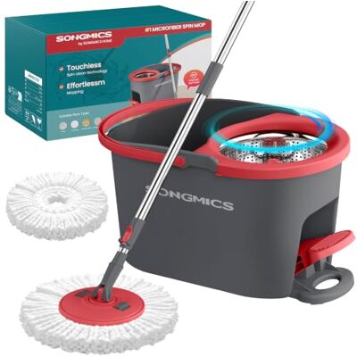 SONGMICS Spin Mop Bucket Set with Pedal Wringer, Floor Cleaning Mop, Adjustable Telescopic Handle 122.5-150 cm, 360° Rotating Head, 1 Microfibre Pad, Grey and Red LMB002GT01 SONGMICS Spin Mop Bucket Set with Pedal Wringer, Floor Cleaning Mop, Adjustable Telescopic Handle 122.5-150 cm, 360° Rotating Head, 1 Microfibre Pad, Grey and Red LMB002GT01