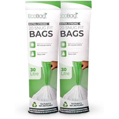 EcoBag 40 Pack White Kitchen Drawstring Bin Liner 30L 25 Microns Heavy Duty, Extra Strong, Brabantia Compatible, Eco-Friendly, Tear Resistant, Clear Recycling Bags (465 x 750mm) EcoBag 40 Pack White Kitchen Drawstring Bin Liner 30L 25 Microns Heavy Duty, Extra Strong, Brabantia Compatible, Eco-Friendly, Tear Resistant, Clear Recycling Bags (465 x 750mm)
