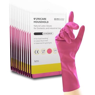 UNIGLOVES Unicare Household Pink Latex Reusable Household Gloves for Cleaning, Washing up and Food Processing 12 Pairs Size S UNIGLOVES Unicare Household Pink Latex Reusable Household Gloves for Cleaning, Washing up and Food Processing 12 Pairs Size S