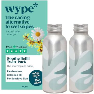 Wype Soothe Refill Twin Pack Toilet Roll Gel 2 100ml Refills Extra Soothing Formula Flushable Wet Wipe Alternative Up to 400 Uses Wype Soothe Refill Twin Pack Toilet Roll Gel 2 100ml Refills Extra Soothing Formula Flushable Wet Wipe Alternative Up to 400 Uses