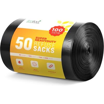 EcoBag 50 Pack Super Strong Heavy Duty Refuse Sacks Recyclable Bags, Leak Resistant, Durable Waste Disposal Bags For Wheelie Bins, Large Household Bins, Garden&Bulky Waste, 35 Micron (Μm)/100l EcoBag 50 Pack Super Strong Heavy Duty Refuse Sacks Recyclable Bags, Leak Resistant, Durable Waste Disposal Bags For Wheelie Bins, Large Household Bins, Garden&Bulky Waste, 35 Micron (Μm)/100l