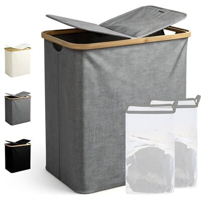 Ribelli Laundry Basket, 104 Litres, Foldable Laundry Hamper, 2 Compartments with Lid and Removable Laundry Bag, Large Laundry Bin for Laundry Room, Bathroom, Bedroom, Grey Ribelli Laundry Basket, 104 Litres, Foldable Laundry Hamper, 2 Compartments with Lid and Removable Laundry Bag, Large Laundry Bin for Laundry Room, Bathroom, Bedroom, Grey