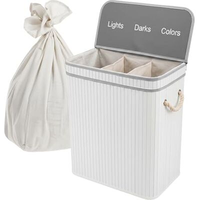Relaxdays Laundry Hamper with Lid, 3 Compartments, Bamboo, 105L, Foldable, Sorting System, White, 63x52x32 cm Relaxdays Laundry Hamper with Lid, 3 Compartments, Bamboo, 105L, Foldable, Sorting System, White, 63x52x32 cm