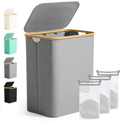 Ribelli Large Laundry Basket, 141 Litres, Foldable Laundry Hamper, 3 Compartments with Lid and Removable Laundry Bag, Laundry Bin for Laundry Room, Bathroom, Bedroom, Grey Ribelli Large Laundry Basket, 141 Litres, Foldable Laundry Hamper, 3 Compartments with Lid and Removable Laundry Bag, Laundry Bin for Laundry Room, Bathroom, Bedroom, Grey