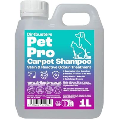 Dirtbusters Pet Pro Carpet Cleaner Shampoo Solution, Stain Remover (1L) Makes 100L concentrate. Use in carpet cleaning machines, on upholstery, rugs and sofas. Neutralises pet odours and urine. Dirtbusters Pet Pro Carpet Cleaner Shampoo Solution, Stain Remover (1L) Makes 100L concentrate. Use in carpet cleaning machines, on upholstery, rugs and sofas. Neutralises pet odours and urine.