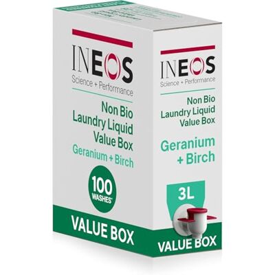 INEOS Hygienics INEOS Next Gen Non Bio Laundry Washing Liquid Detergent, Stain Removal for Clothes, Plant Powered, Eco value box Geranium + Birch 3L, Stress Relieving Fragrance, Vegan, Cruelty Free INEOS Hygienics INEOS Next Gen Non Bio Laundry Washing Liquid Detergent, Stain Removal for Clothes, Plant Powered, Eco value box Geranium + Birch 3L, Stress Relieving Fragrance, Vegan, Cruelty Free