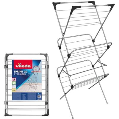 Vileda Sprint 3 Tier Clothes Airer, 20m Drying Space,Washing Line, Foldable Vileda Sprint 3 Tier Clothes Airer, 20m Drying Space,Washing Line, Foldable