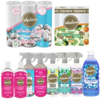 Fabulosa All-in-One General Household Cleaning Mega Bundle, Kitchen Cleaners, Bathroom Cleaners, Antibacterial Sprays and Disinfectants, Kitchen Towel and Toilet Roll Bundle, 10 Pack Fabulosa All-in-One General Household Cleaning Mega Bundle, Kitchen Cleaners, Bathroom Cleaners, Antibacterial Sprays and Disinfectants, Kitchen Towel and Toilet Roll Bundle, 10 Pack