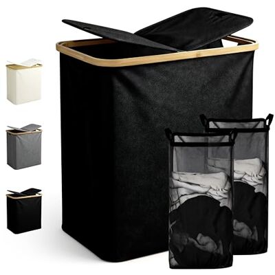 Ribelli Laundry Basket, 104 Litres, Foldable Laundry Hamper, 2 Compartments with Lid and Removable Laundry Bag, Large Laundry Bin for Laundry Room, Bathroom, Bedroom, Black Ribelli Laundry Basket, 104 Litres, Foldable Laundry Hamper, 2 Compartments with Lid and Removable Laundry Bag, Large Laundry Bin for Laundry Room, Bathroom, Bedroom, Black