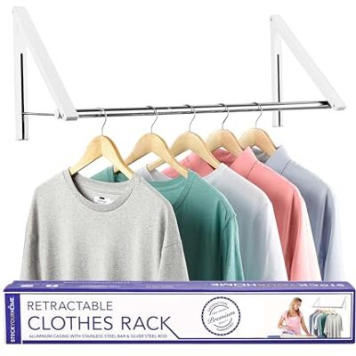 Stock Your Home Retractable Clothes Rack Wall Mounted Folding Clothes Hanger Drying Rack for Laundry Room Closet Storage Organization, Aluminum, Easy Installation, 2 Racks with Rod (White) Stock Your Home Retractable Clothes Rack Wall Mounted Folding Clothes Hanger Drying Rack for Laundry Room Closet Storage Organization, Aluminum, Easy Installation, 2 Racks with Rod (White)
