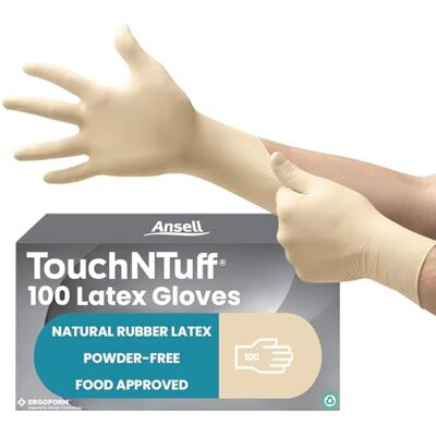 Ansell TouchNTuff 69-318 Disposable Latex Gloves with Textured Fingertips, Powder-Free and Food Certified, Multipurpose Professional Gloves, Industrial Safety, White, Size XL (100 Gloves) Ansell TouchNTuff 69-318 Disposable Latex Gloves with Textured Fingertips, Powder-Free and Food Certified, Multipurpose Professional Gloves, Industrial Safety, White, Size XL (100 Gloves)