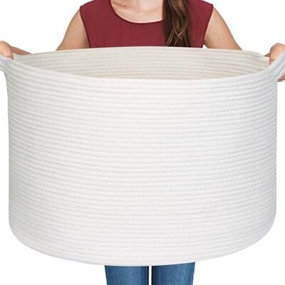 MEGASKET White Cotton Rope Storage Basket, 22" X 22" X 14" Extra Large Blanket Storage Living Room, XL Soft Toy Bin for Organizing, Woven Baby Laundry Basket with Handle, White Wicker Hamper Nursery MEGASKET White Cotton Rope Storage Basket, 22" X 22" X 14" Extra Large Blanket Storage Living Room, XL Soft Toy Bin for Organizing, Woven Baby Laundry Basket with Handle, White Wicker Hamper Nursery