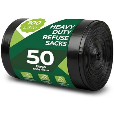 Roe Tenpo 50 Pack Heavy Duty Black Bin Bags – 100L, 33 μm Recyclable Refuse Sacks, Leak-Proof Bin Liners – Rubbish Bags for Kitchen, Home, DIY & Garden, Household, Office & Catering Roe Tenpo 50 Pack Heavy Duty Black Bin Bags – 100L, 33 μm Recyclable Refuse Sacks, Leak-Proof Bin Liners – Rubbish Bags for Kitchen, Home, DIY & Garden, Household, Office & Catering